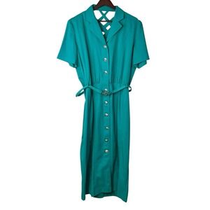 Vintage Together Teal Belted Shirt Dress Button Front Midi Lattice Back Size 16